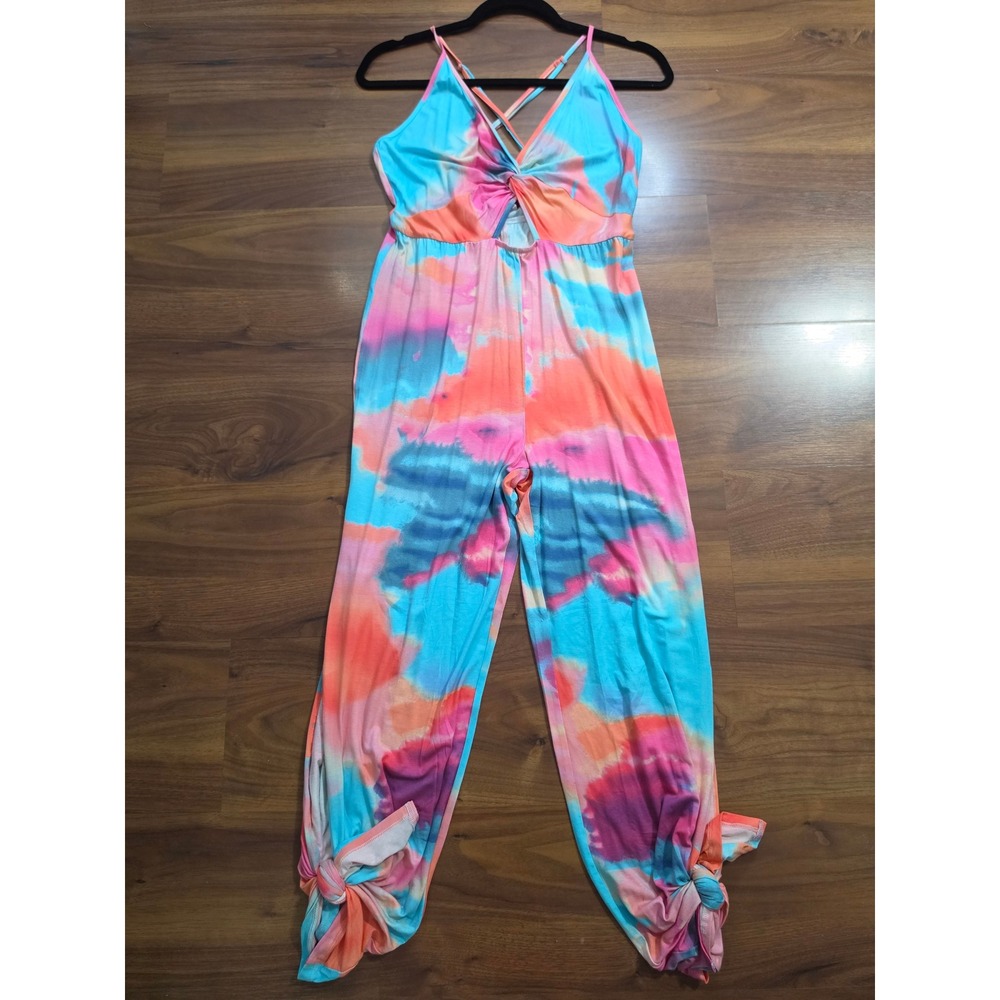 NEW Venus Jumpsuit Small Multi Tie Dye Twist Front Keyhole Ankle Tie